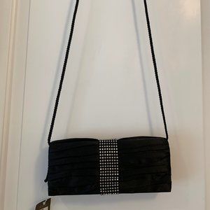 NWT MERONA BLACK SATIN-LOOK CLUTCH with RHINESTONE EMBELLISHMENT & STRAP